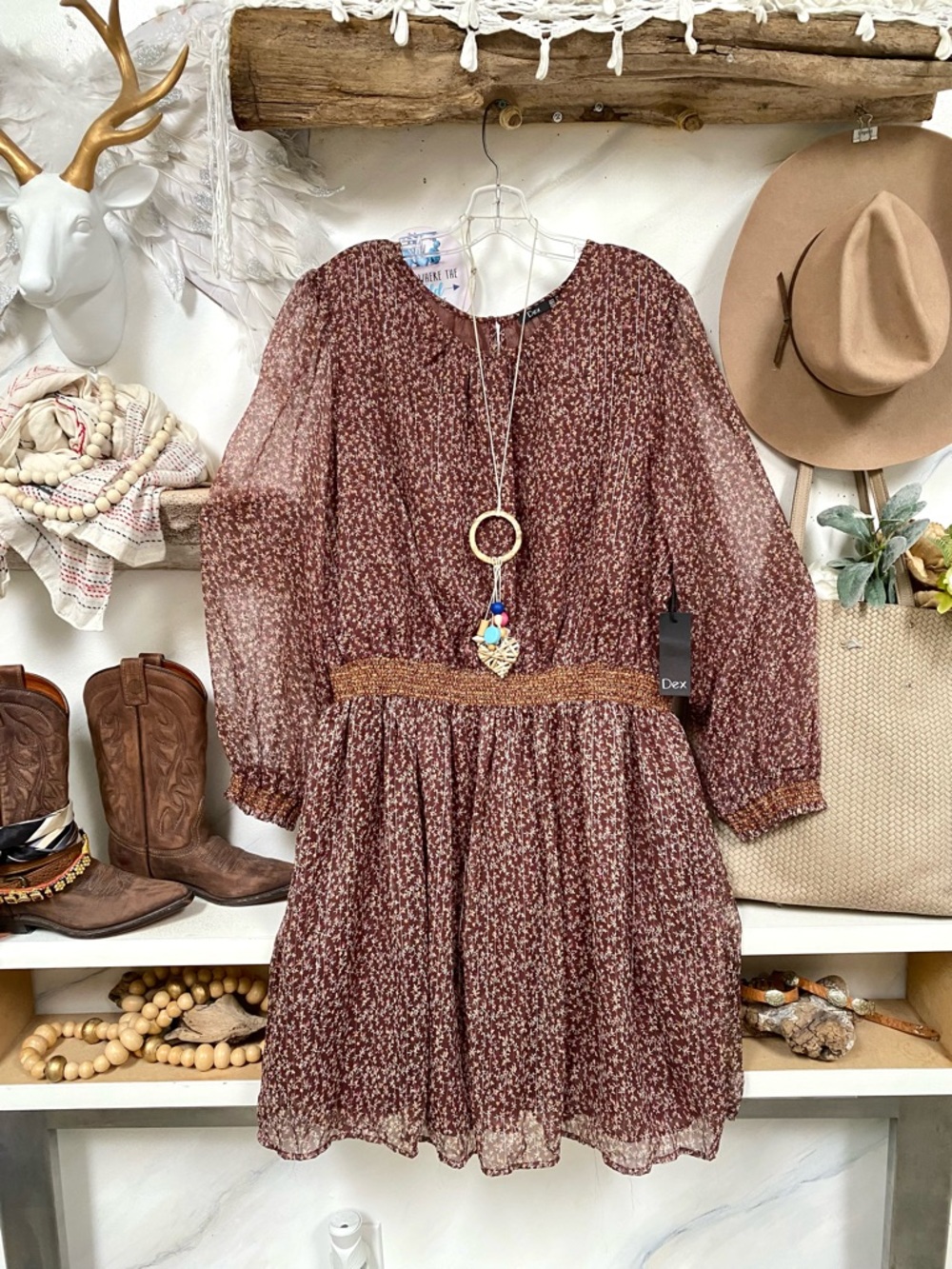 Prairie vibe boho dress w semi sheer exaggerated ballon sleeves shabby chic feel - Picture 2 of 16